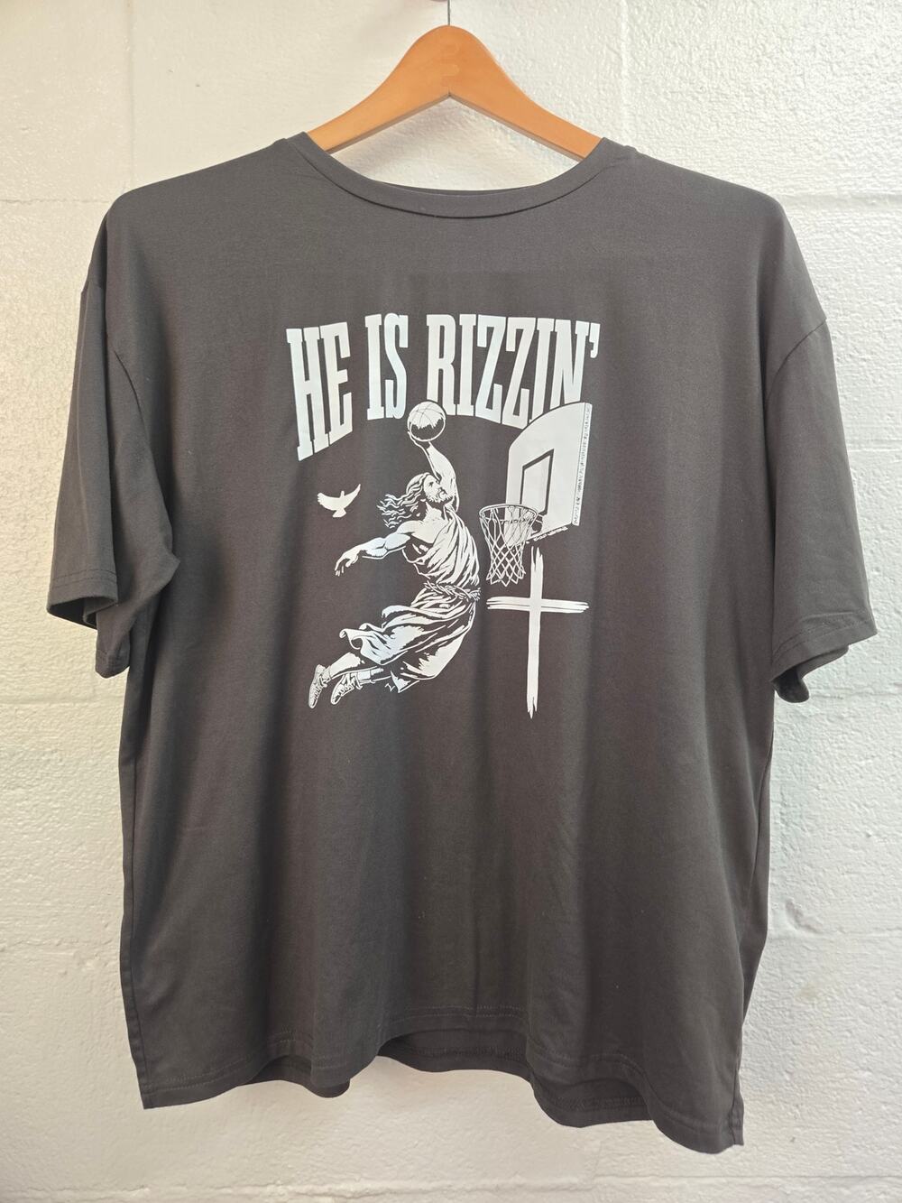 SHEIN Men's XL He Is Rizzin Jesus Basketball Graphic T Shirt Charcoal Gray